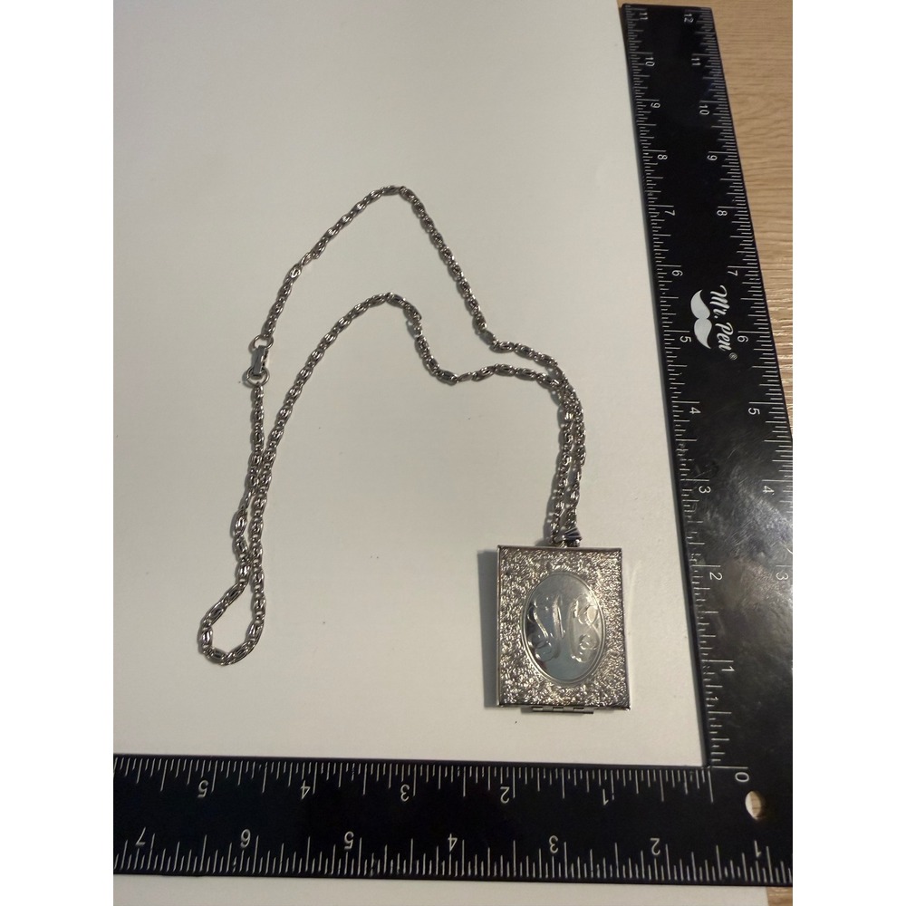 Vintage Silver Tone Monogram Book Locket Necklace Engraved Rectangular Pendant